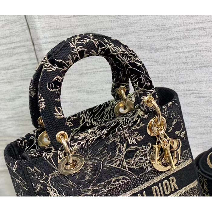 Dior Women CD Medium Lady D-Lite Bag Black Multicolor Jardin D’Hiver Embroidered Cotton