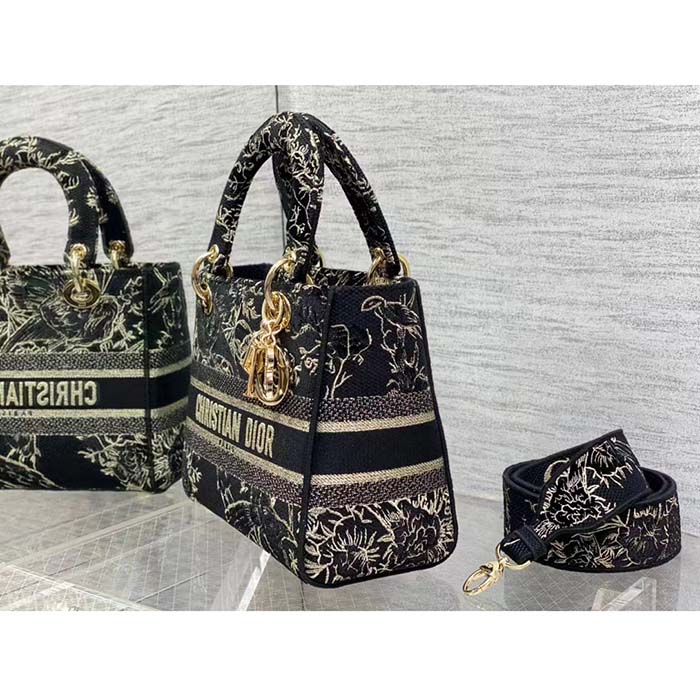 Dior Women CD Medium Lady D-Lite Bag Black Multicolor Jardin D’Hiver Embroidered Cotton