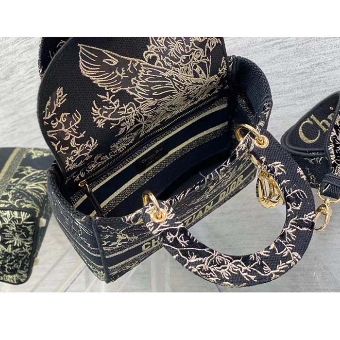 Dior Women CD Medium Lady D-Lite Bag Black Multicolor Jardin D’Hiver Embroidered Cotton