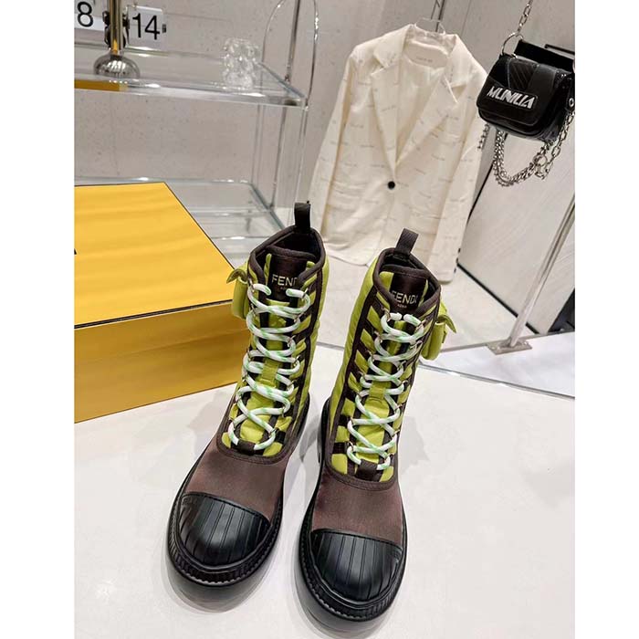 Fendi Women FF Domino Biker Boots Acid Green Nylon Polyamide Polyester 5 Cm Heel
