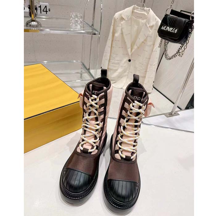 Fendi Women FF Domino Biker Boots Pink Nylon Polyamide Polyester 5 Cm Heel