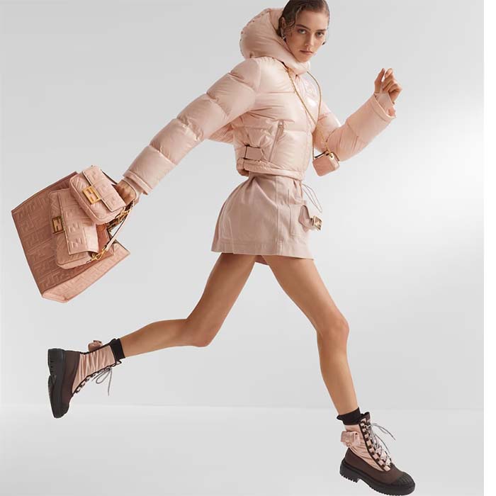 Fendi Women FF Domino Biker Boots Pink Nylon Polyamide Polyester 5 Cm Heel