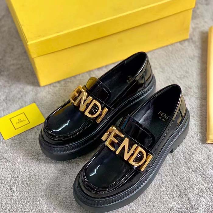 Fendi Women FF Fendigraphy Black Leather Loafers 5 Cm Heel