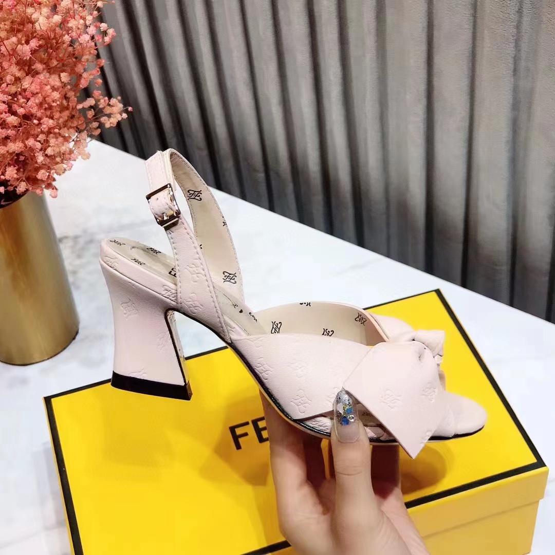 Fendi Women Slingback Sandals Wide Strap Maxi Bow Beige Leather