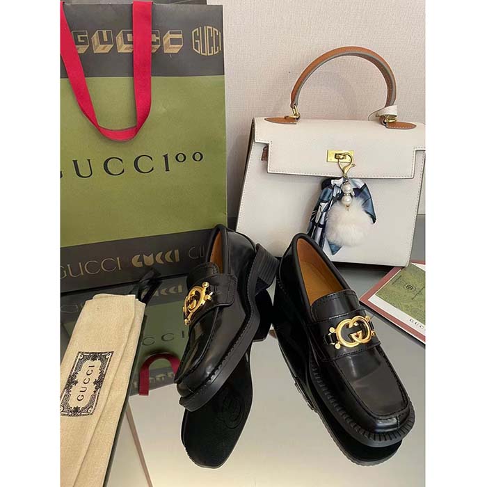 G*u*i unisex gg loafer interlocking g shiny black leather studs rubber low heel