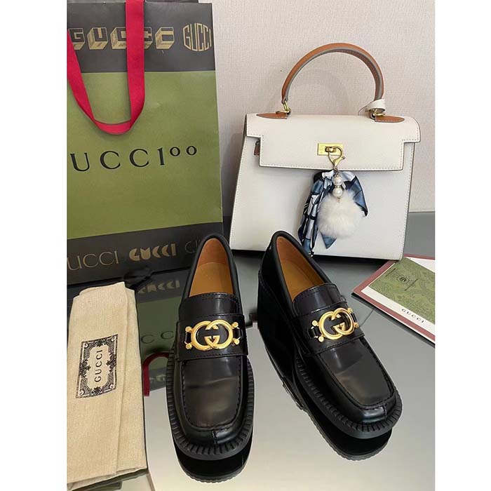 G*u*i unisex gg loafer interlocking g shiny black leather studs rubber low heel