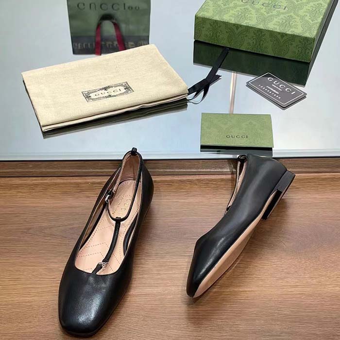 G*u*i women gg ballet flat double g black leather sole flat 1 cm heel