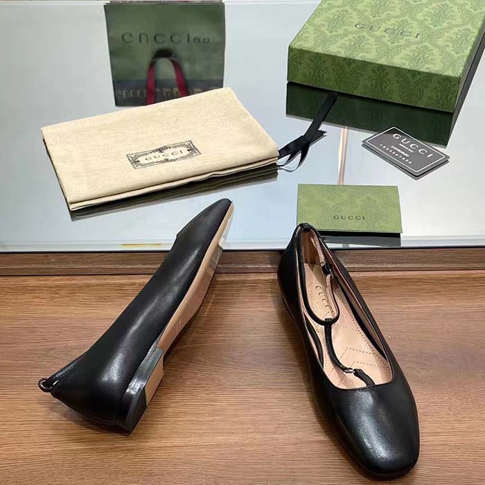 G*u*i women gg ballet flat double g black leather sole flat 1 cm heel