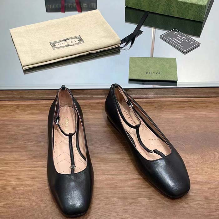 G*u*i women gg ballet flat double g black leather sole flat 1 cm heel