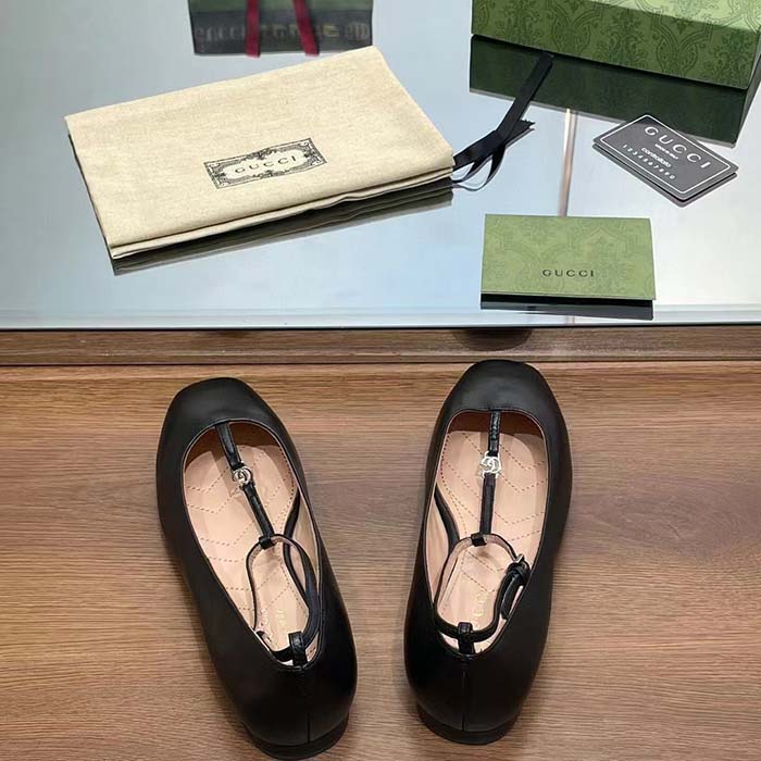G*u*i women gg ballet flat double g black leather sole flat 1 cm heel
