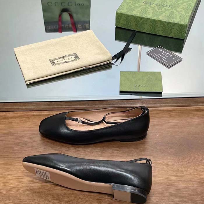 G*u*i women gg ballet flat double g black leather sole flat 1 cm heel