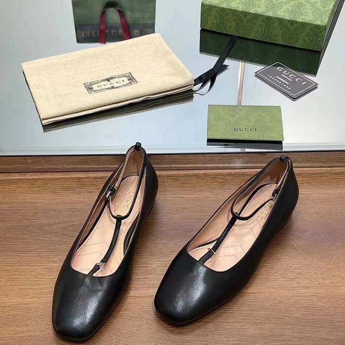 G*u*i women gg ballet flat double g black leather sole flat 1 cm heel