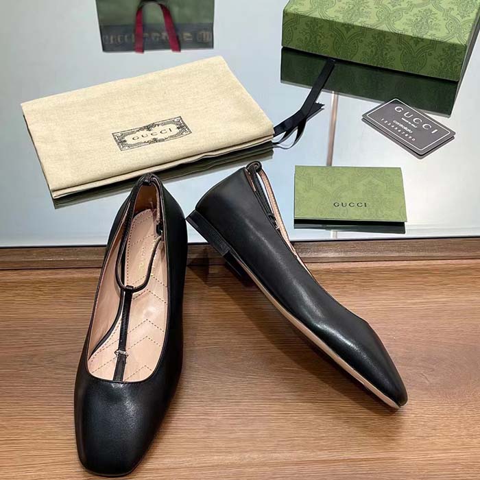 G*u*i women gg ballet flat double g black leather sole flat 1 cm heel