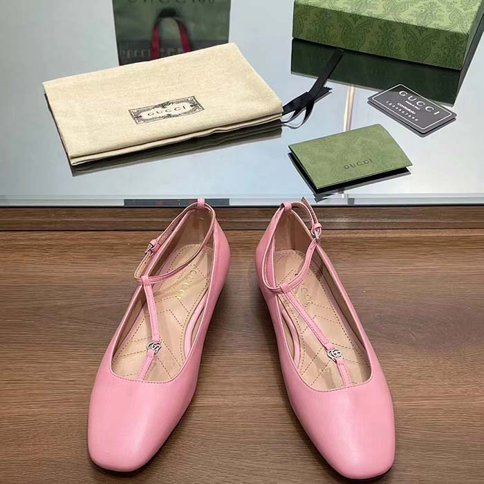G*u*i women gg ballet flat double g pink leather sole flat 1 cm heel