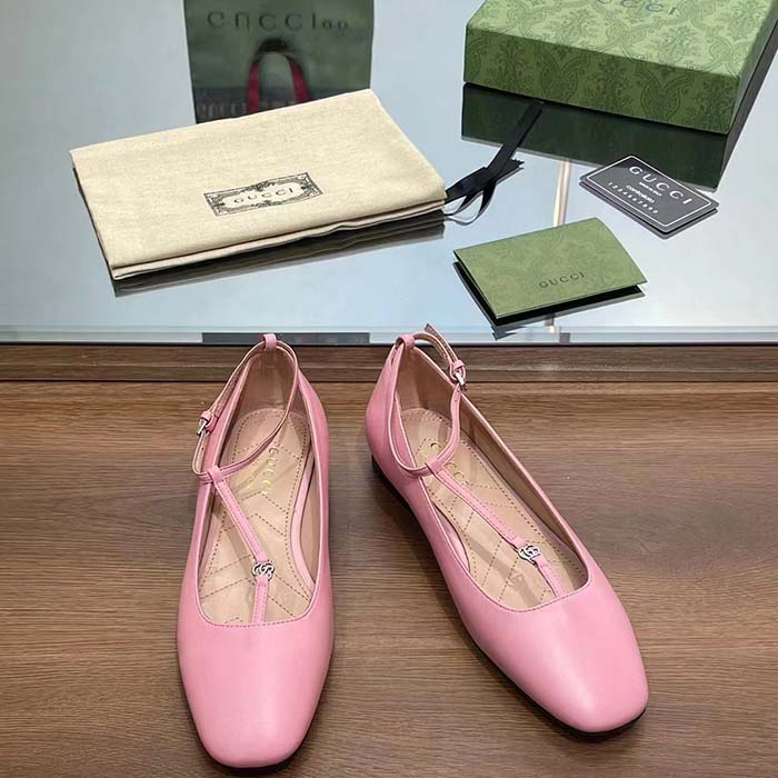 G*u*i women gg ballet flat double g pink leather sole flat 1 cm heel
