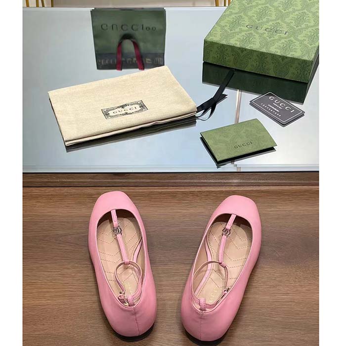 G*u*i women gg ballet flat double g pink leather sole flat 1 cm heel