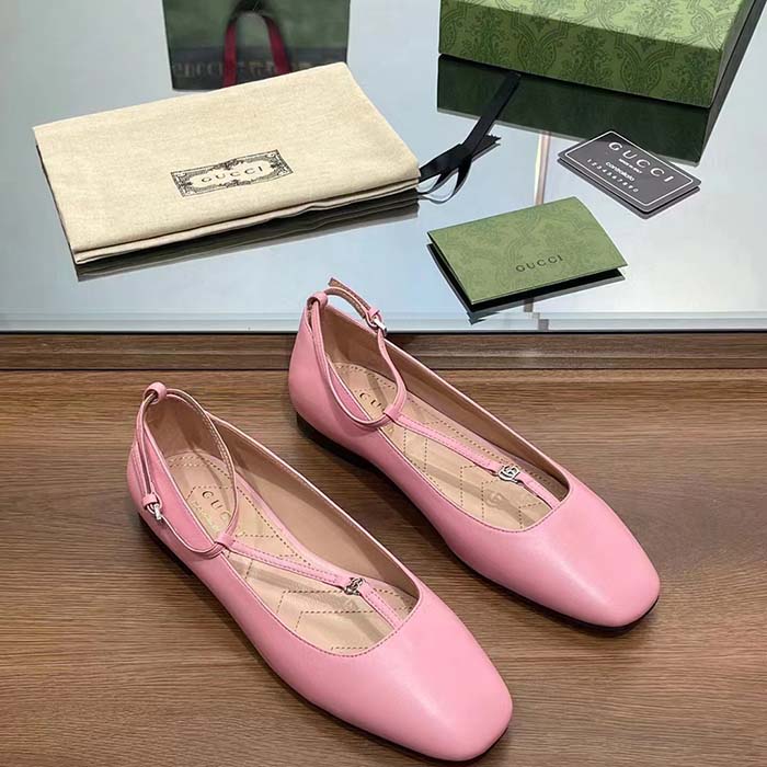 G*u*i women gg ballet flat double g pink leather sole flat 1 cm heel