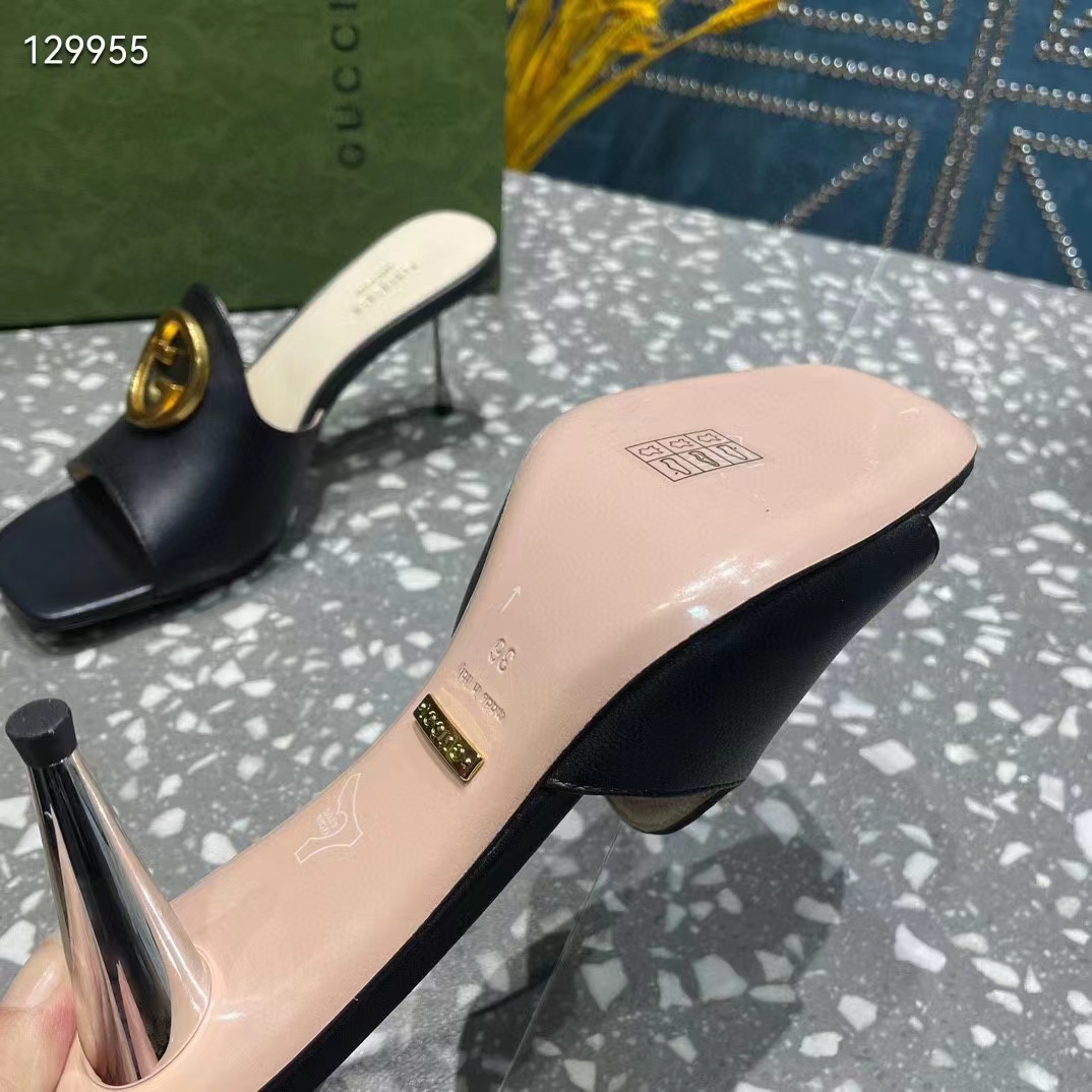 G*u*i women gg blondie slide sandal black leather metallic mid heel 6.6 cm heel