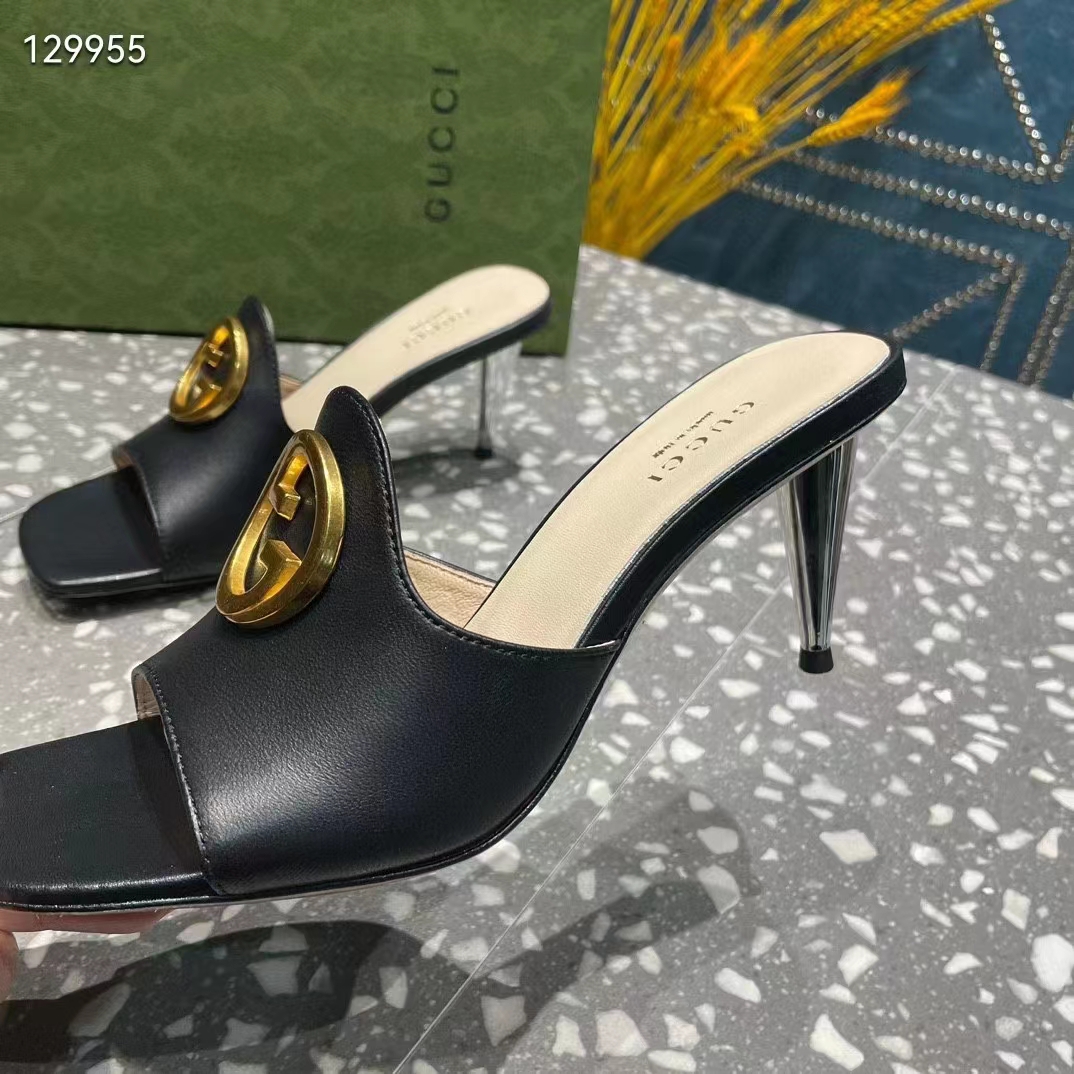 G*u*i women gg blondie slide sandal black leather metallic mid heel 6.6 cm heel