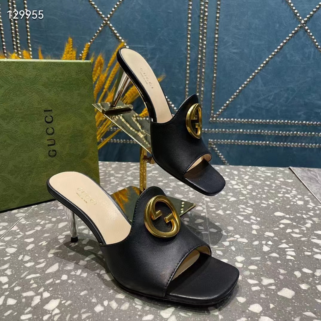 G*u*i women gg blondie slide sandal black leather metallic mid heel 6.6 cm heel