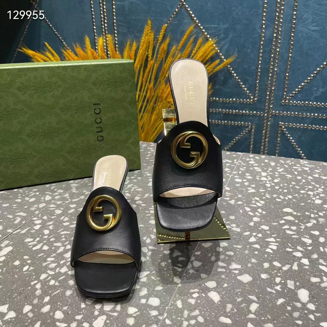 G*u*i women gg blondie slide sandal black leather metallic mid heel 6.6 cm heel