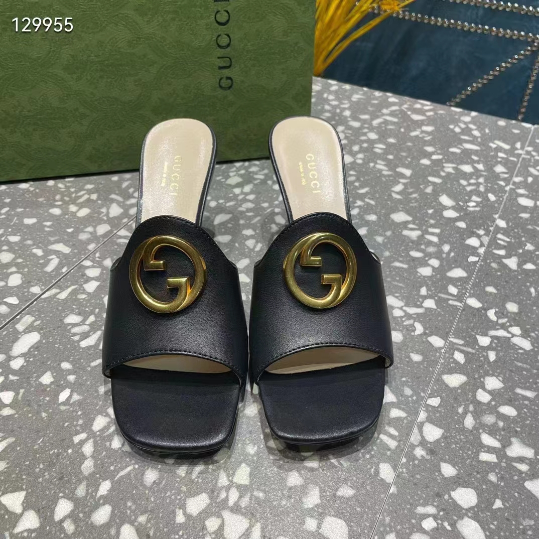 G*u*i women gg blondie slide sandal black leather metallic mid heel 6.6 cm heel