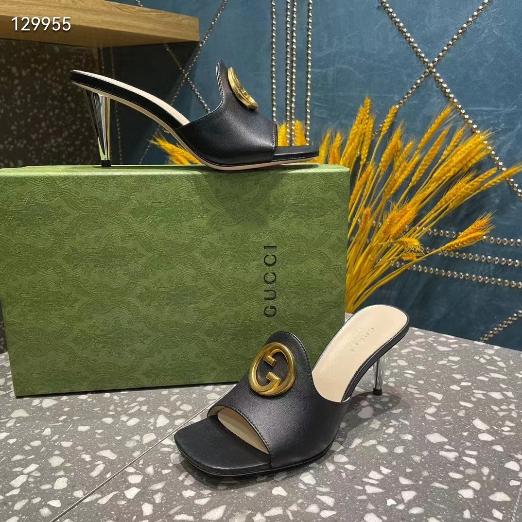 G*u*i women gg blondie slide sandal black leather metallic mid heel 6.6 cm heel