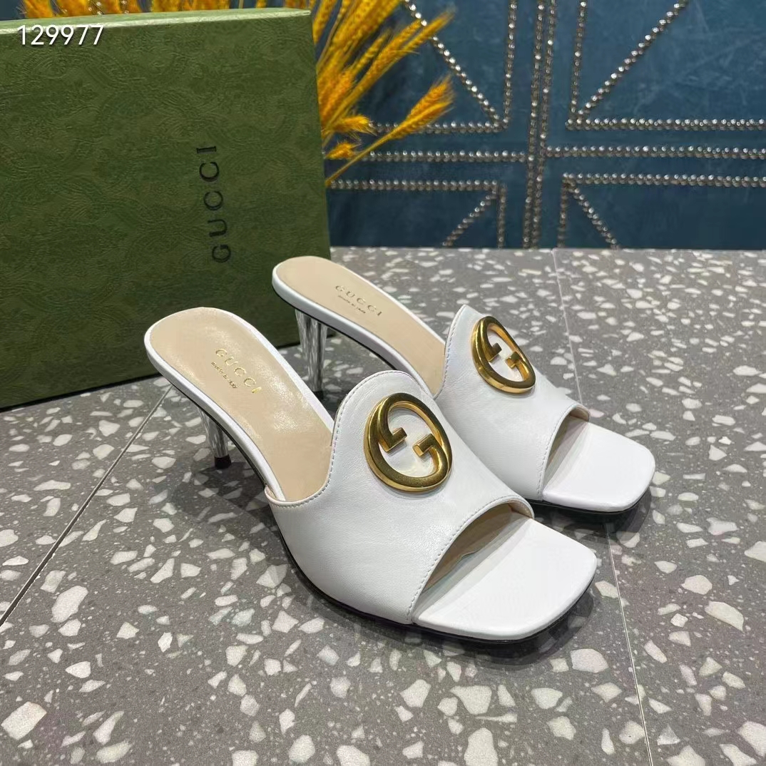 G*u*i women gg blondie slide sandal white leather metallic mid heel 6.6 cm heel