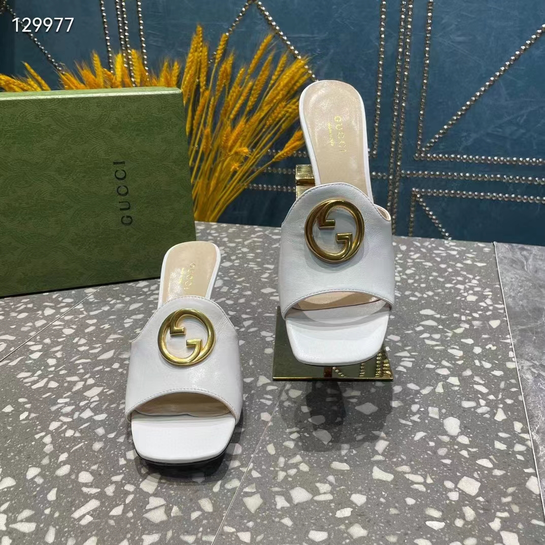 G*u*i women gg blondie slide sandal white leather metallic mid heel 6.6 cm heel
