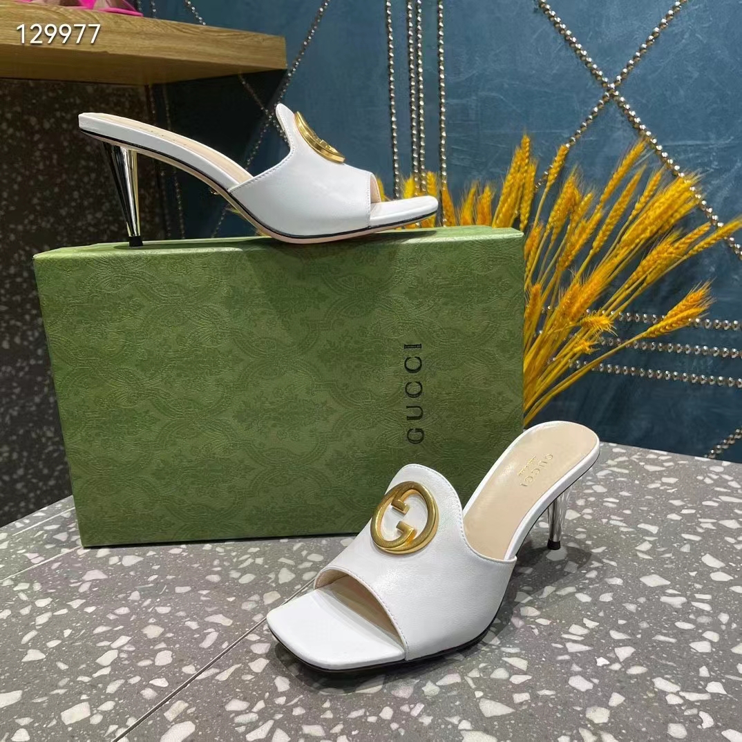 G*u*i women gg blondie slide sandal white leather metallic mid heel 6.6 cm heel