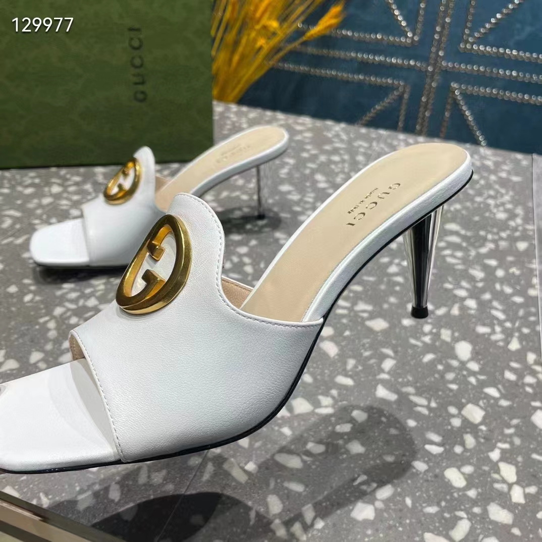 G*u*i women gg blondie slide sandal white leather metallic mid heel 6.6 cm heel