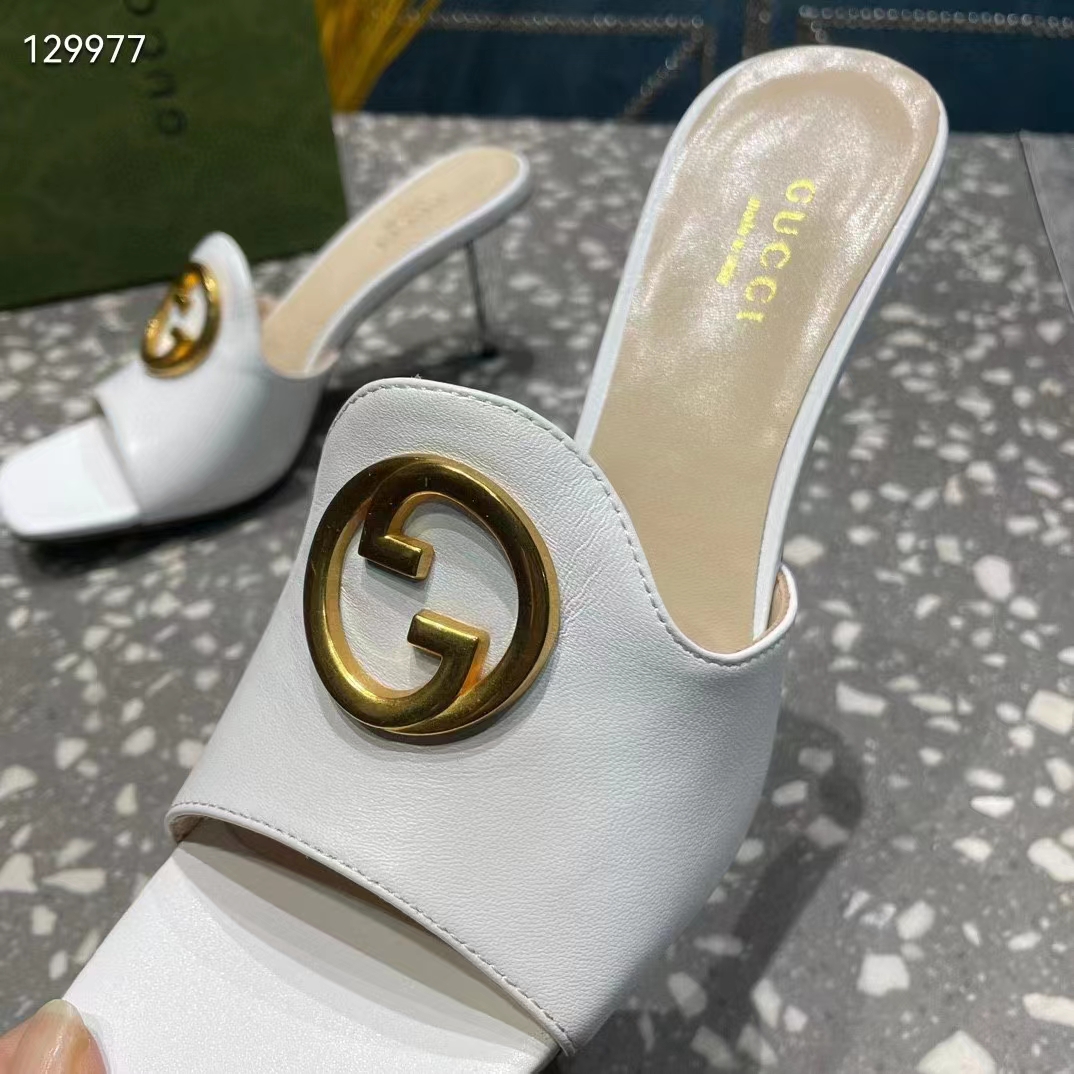 G*u*i women gg blondie slide sandal white leather metallic mid heel 6.6 cm heel
