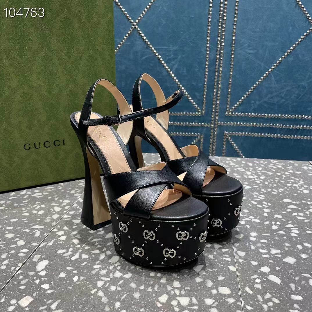 G*u*i women gg interlocking g studs sandal black leather spool high 15 cm heel