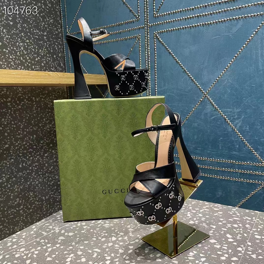 G*u*i women gg interlocking g studs sandal black leather spool high 15 cm heel