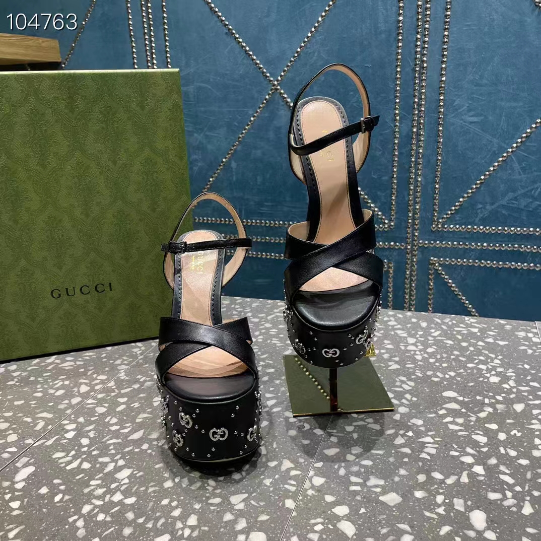 G*u*i women gg interlocking g studs sandal black leather spool high 15 cm heel