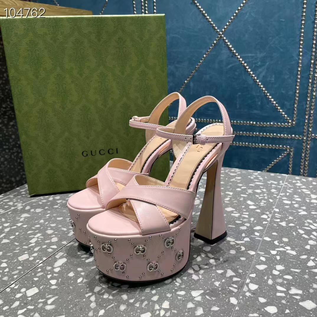 G*u*i women gg interlocking g studs sandal pink leather spool high 15 cm heel
