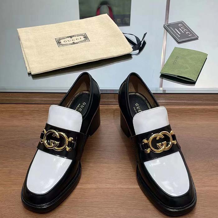 G*u*i women gg loafer interlocking g black white leather mid 6 cm heel