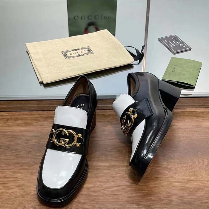 G*u*i women gg loafer interlocking g black white leather mid 6 cm heel