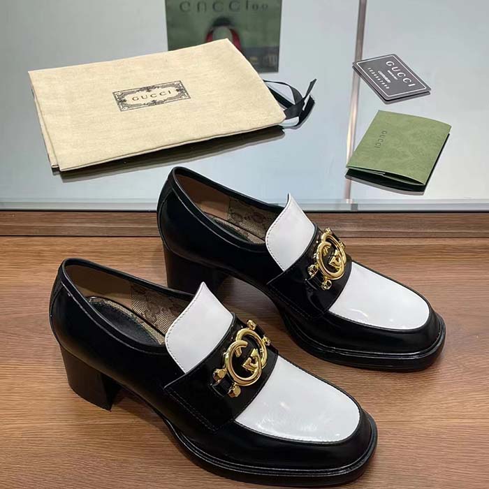 G*u*i women gg loafer interlocking g black white leather mid 6 cm heel