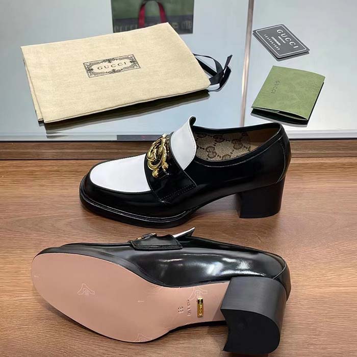 G*u*i women gg loafer interlocking g black white leather mid 6 cm heel