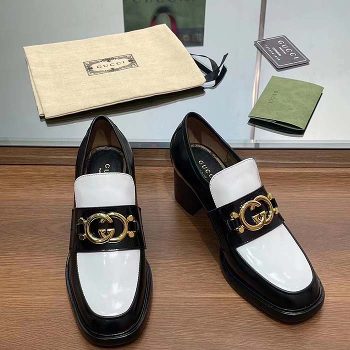 G*u*i women gg loafer interlocking g black white leather mid 6 cm heel