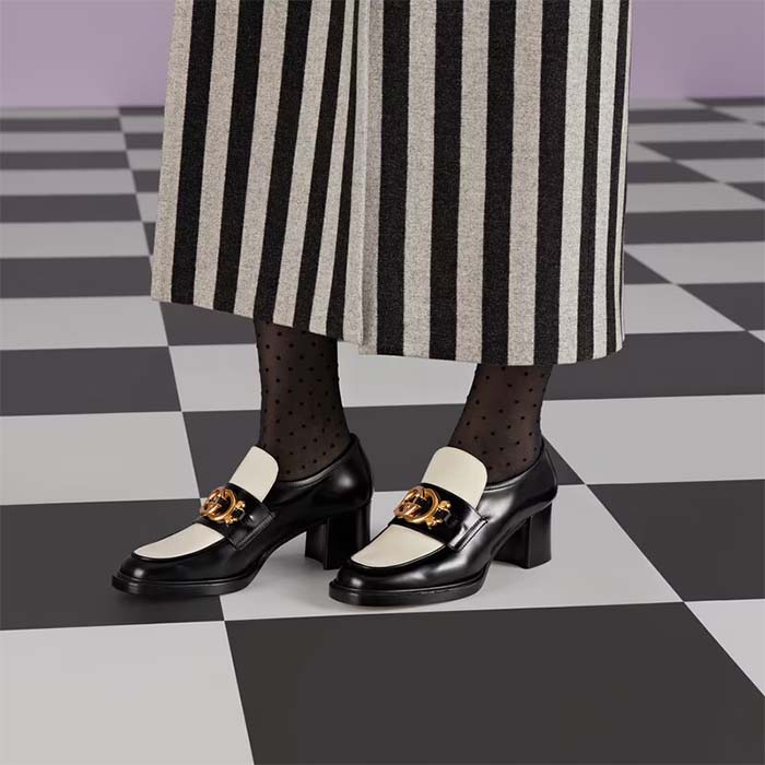 G*u*i women gg loafer interlocking g black white leather mid 6 cm heel