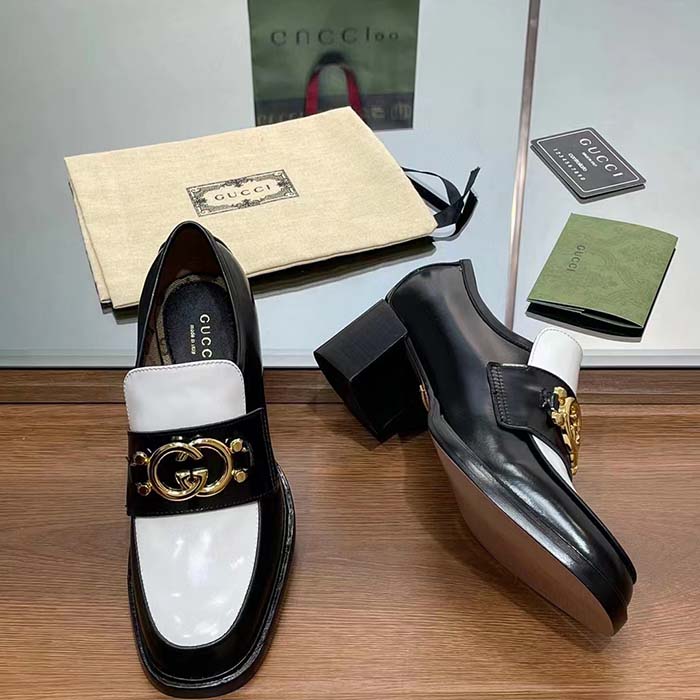 G*u*i women gg loafer interlocking g black white leather mid 6 cm heel