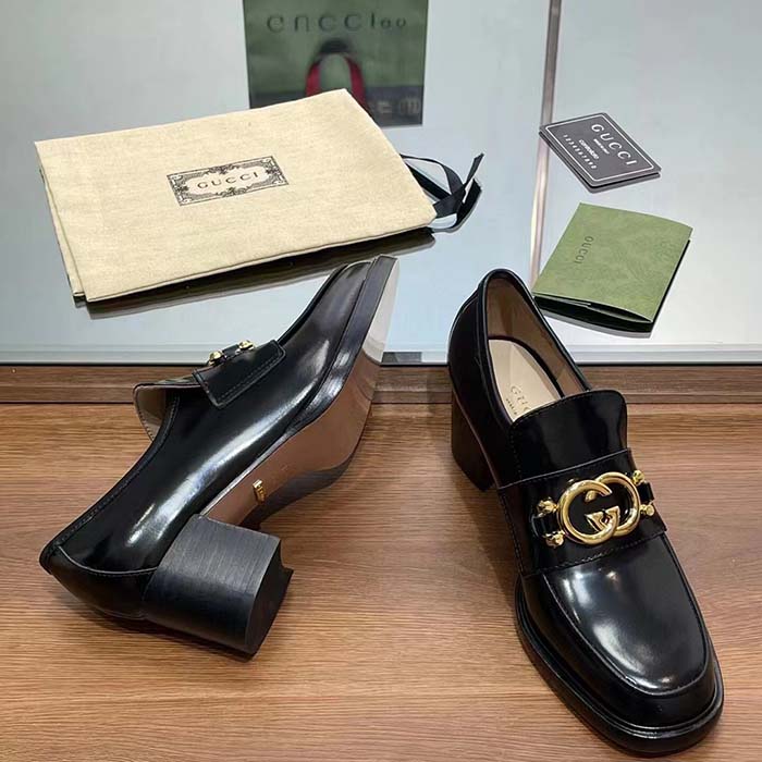 G*u*i women gg loafer interlocking g shiny black leather mid 6 cm heel