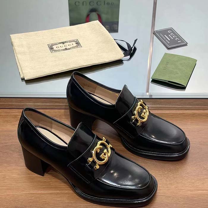 G*u*i women gg loafer interlocking g shiny black leather mid 6 cm heel