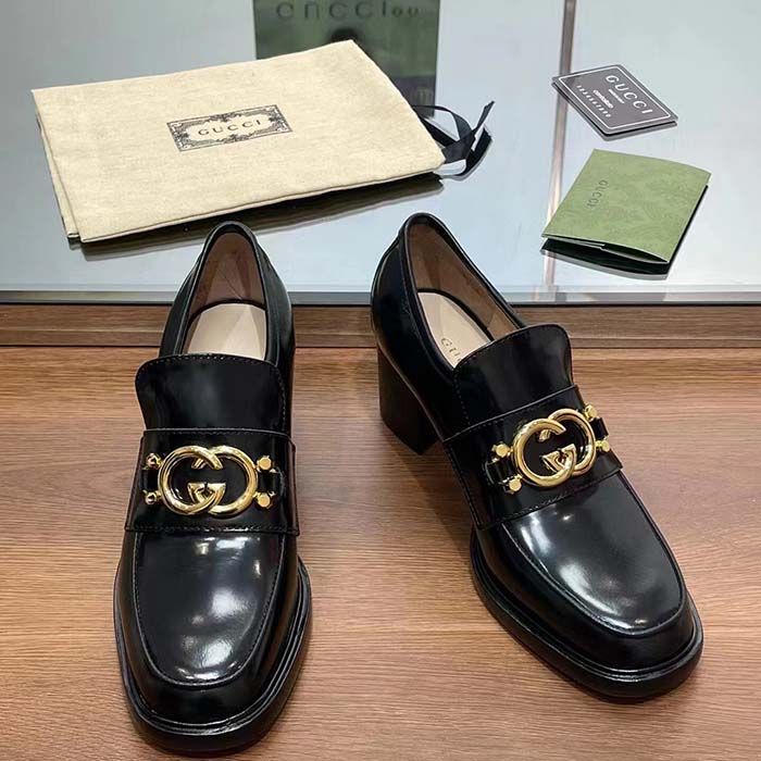 G*u*i women gg loafer interlocking g shiny black leather mid 6 cm heel