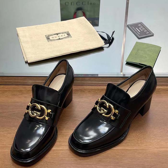 G*u*i women gg loafer interlocking g shiny black leather mid 6 cm heel