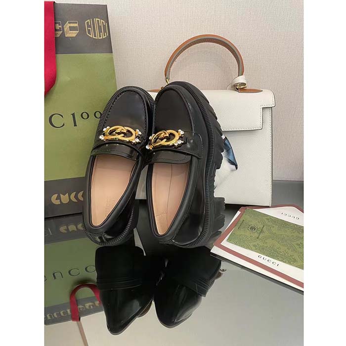 G*u*i women gg lug sole interlocking g loafer black patent leather low heel rubber