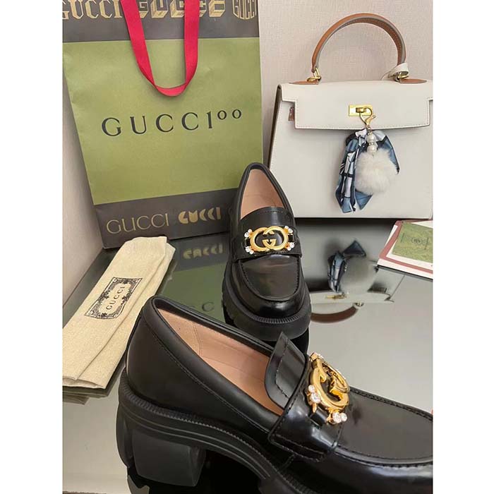 G*u*i women gg lug sole interlocking g loafer black patent leather low heel rubber