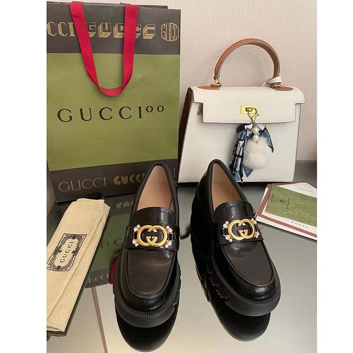 G*u*i women gg lug sole interlocking g loafer black patent leather low heel rubber